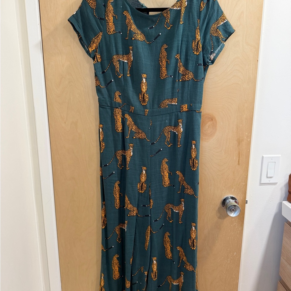 ModCloth Forest Green Junpsuit with Gold Leopard Motif